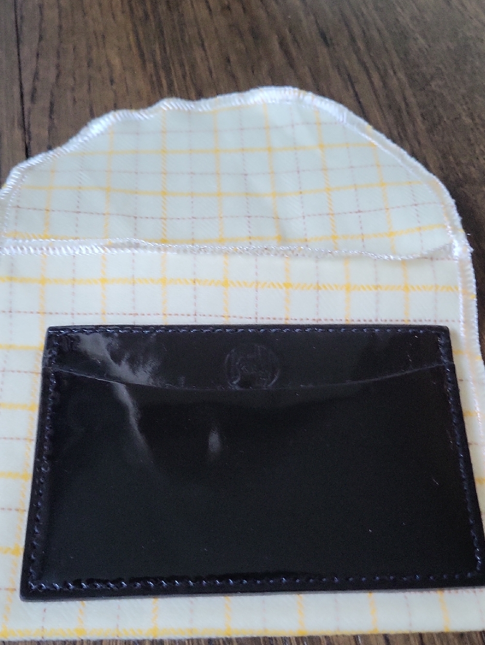 HENRI BENDEL Black Patent Card Holder Wallet - Yellow Check Fabric Sleeve